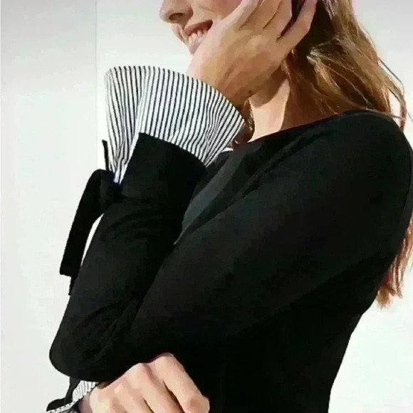 LOFT Tie Cuff Mixed Media Sweater Size XS Black Blue Long Sleeve Pullover  Top - Picture 4 of 10